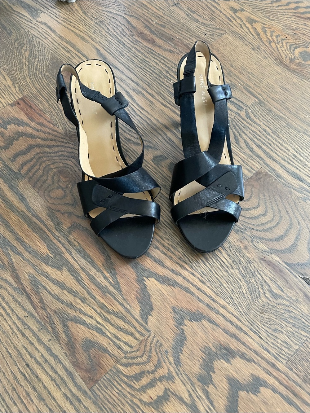 Nine West Black Leather Strappy Slingback Heels